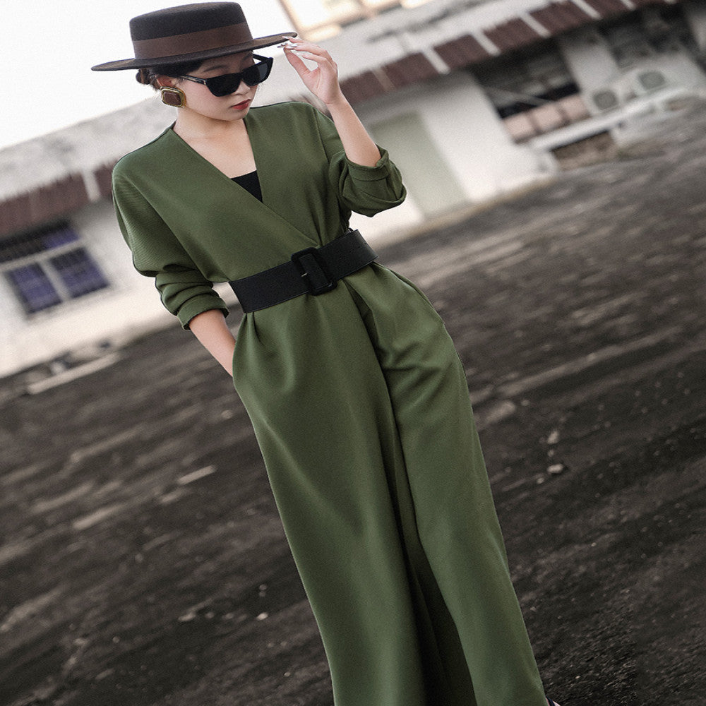 Lanser 2025 autumn new style temperament capable high end long sleeved V neck waist tie suit dress for women image 3