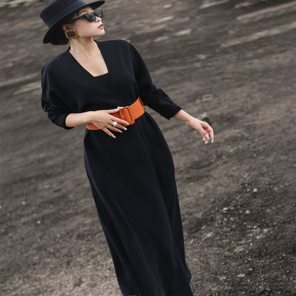 Lanser 2025 autumn new style temperament capable high end long sleeved V neck waist tie suit dress for women image 4