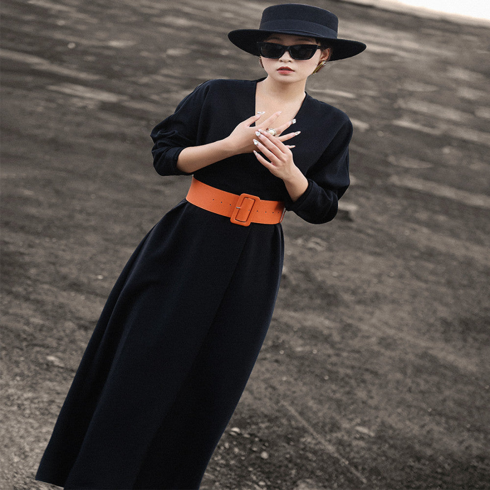 Lanser 2025 autumn new style temperament capable high end long sleeved V neck waist tie suit dress for women image 5