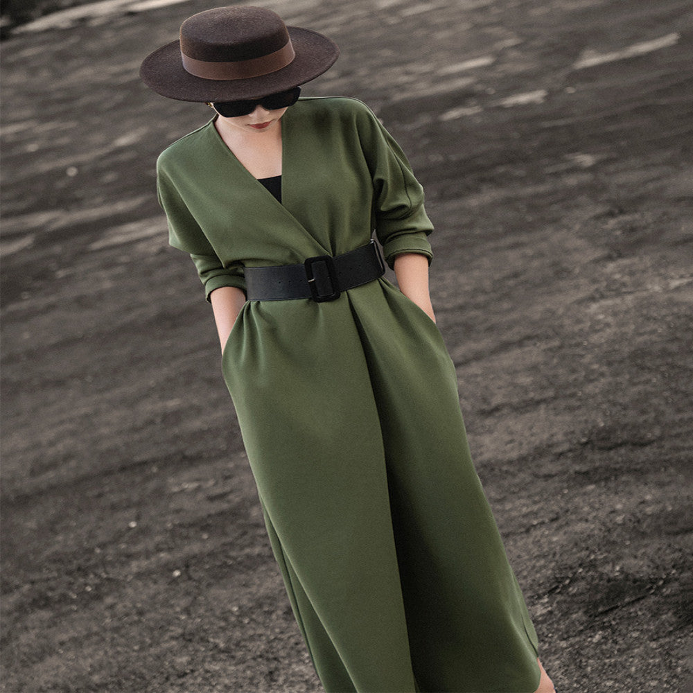 Lanser 2025 autumn new style temperament capable high end long sleeved V neck waist tie suit dress for women image 15