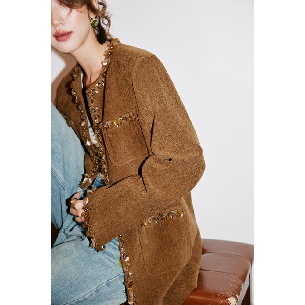 Rosebanks effortless autumn and winter look simple blogger style hand sewn sequined brown Chanel style jacket image 2