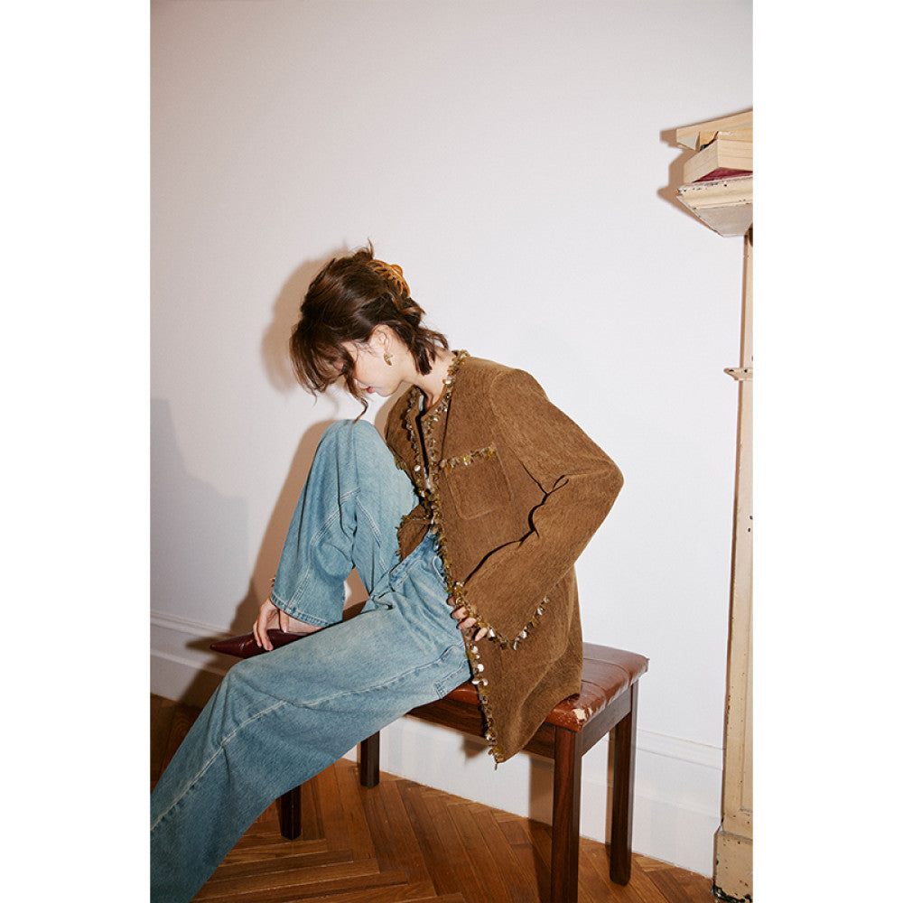 Rosebanks effortless autumn and winter look simple blogger style hand sewn sequined brown Chanel style jacket image 3