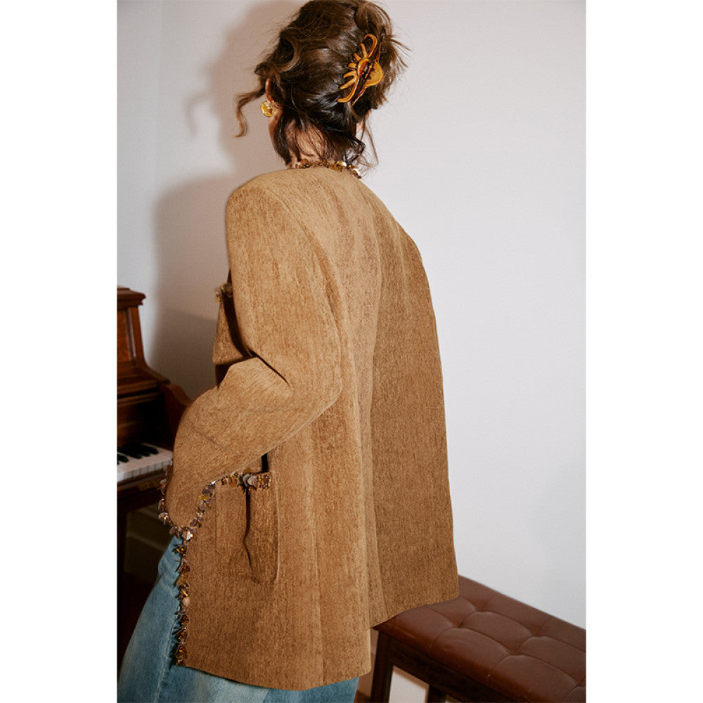 Rosebanks effortless autumn and winter look simple blogger style hand sewn sequined brown Chanel style jacket image 5