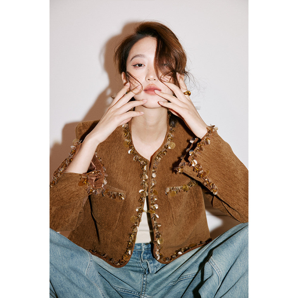 Rosebanks effortless autumn and winter look simple blogger style hand sewn sequined brown Chanel style jacket image 9