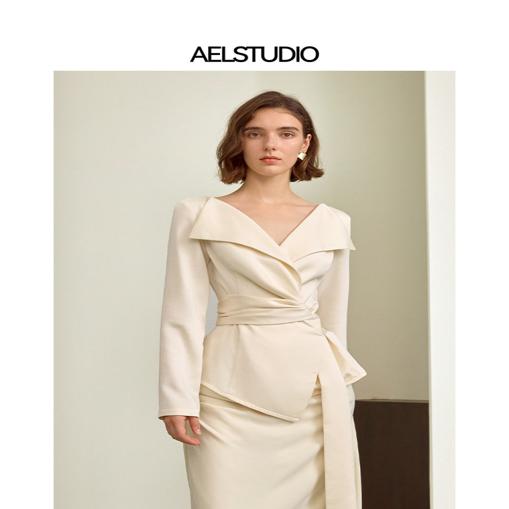 AEL original French high end fashion set for women 2025 autumn harvest waist long sleeved shirt floral bud skirt image 14