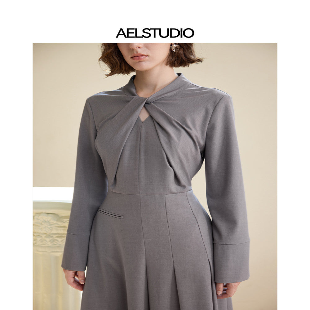 AEL original design gray long sleeved dress for women 2025 autumn new style light luxury high end French long skirt image 2