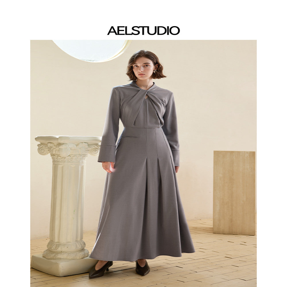 AEL original design gray long sleeved dress for women 2025 autumn new style light luxury high end French long skirt image 3