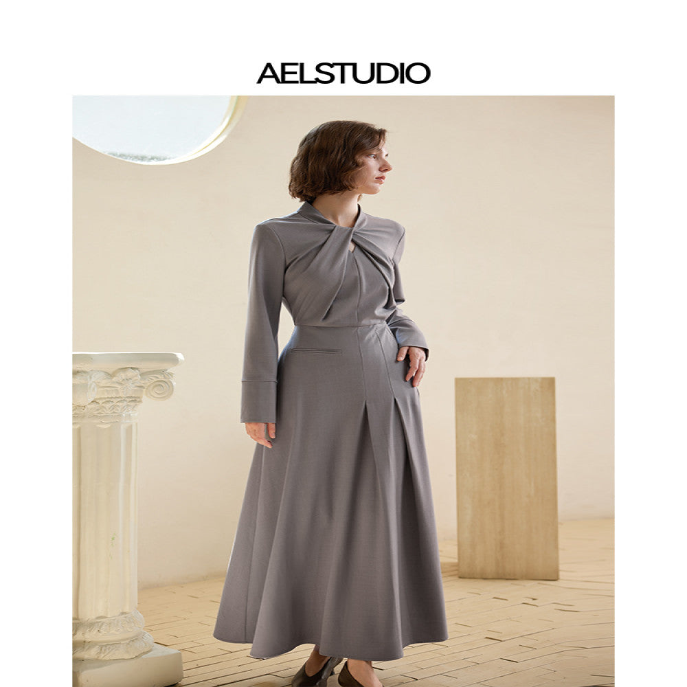 AEL original design gray long sleeved dress for women 2025 autumn new style light luxury high end French long skirt image 4