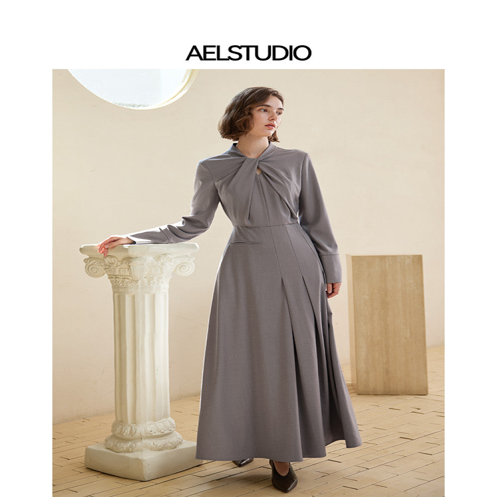 AEL original design gray long sleeved dress for women 2025 autumn new style light luxury high end French long skirt image 0