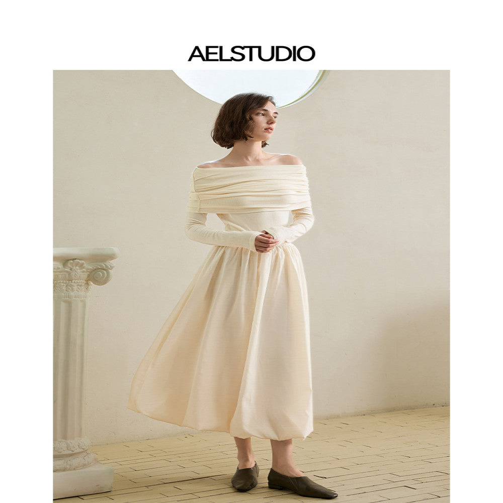 AEL original design niche one shoulder dress 2025 autumn Hepburn style temperament pleated French long skirt image 1