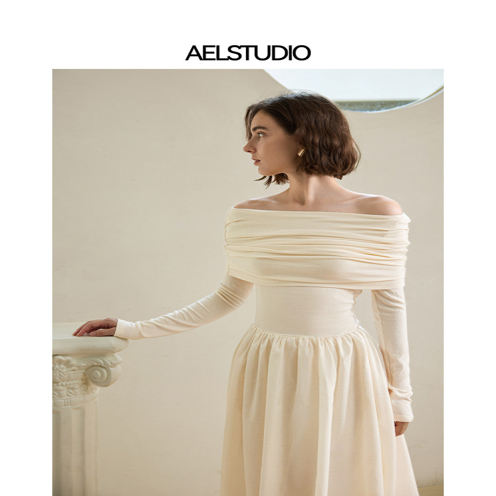 AEL original design niche one shoulder dress 2025 autumn Hepburn style temperament pleated French long skirt image 2