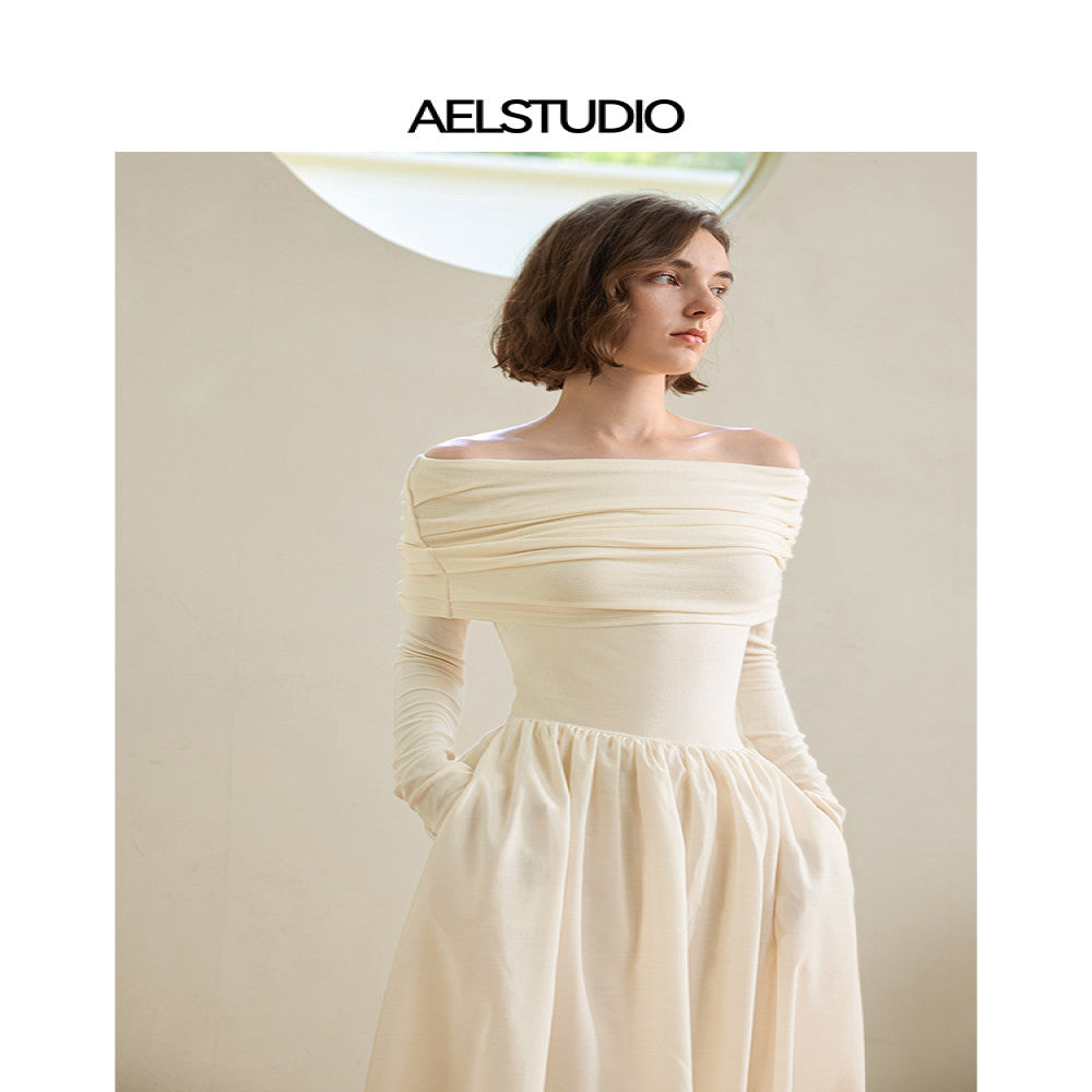AEL original design niche one shoulder dress 2025 autumn Hepburn style temperament pleated French long skirt image 3