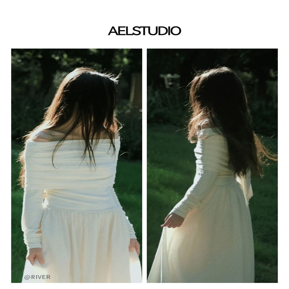 AEL original design niche one shoulder dress 2025 autumn Hepburn style temperament pleated French long skirt image 4