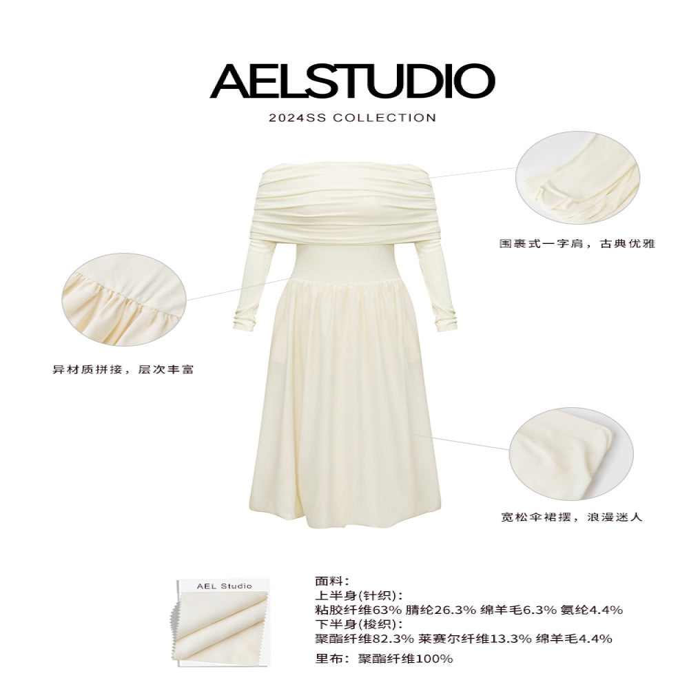 AEL original design niche one shoulder dress 2025 autumn Hepburn style temperament pleated French long skirt image 5