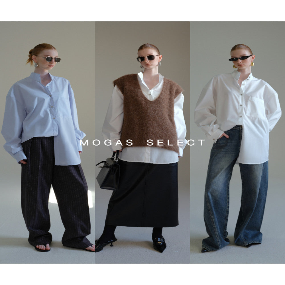 Mogas upper body paper man heavy combed cotton ROW style cool commuting blue shirt stand collar jacket female spring and autumn image 2