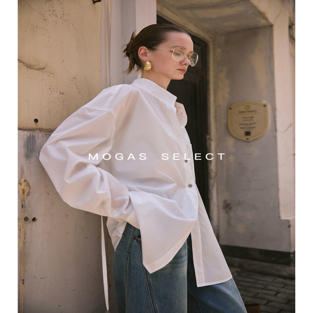 Mogas upper body paper man heavy combed cotton ROW style cool commuting blue shirt stand collar jacket female spring and autumn image 3