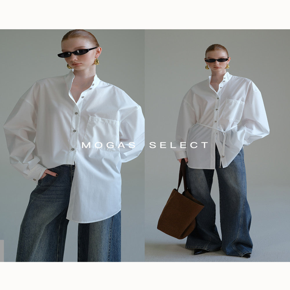 Mogas upper body paper man heavy combed cotton ROW style cool commuting blue shirt stand collar jacket female spring and autumn image 4