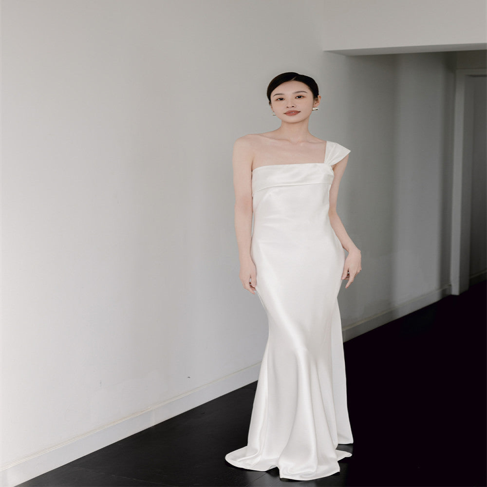 Nomeives 2024 new white morning gown one shoulder slim fishtail satin bridal light wedding dress evening dress female image 0