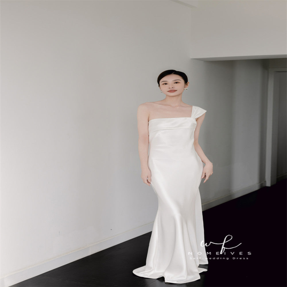 ASAYA3706 White morning gown one shoulder slim fishtail satin evening dress