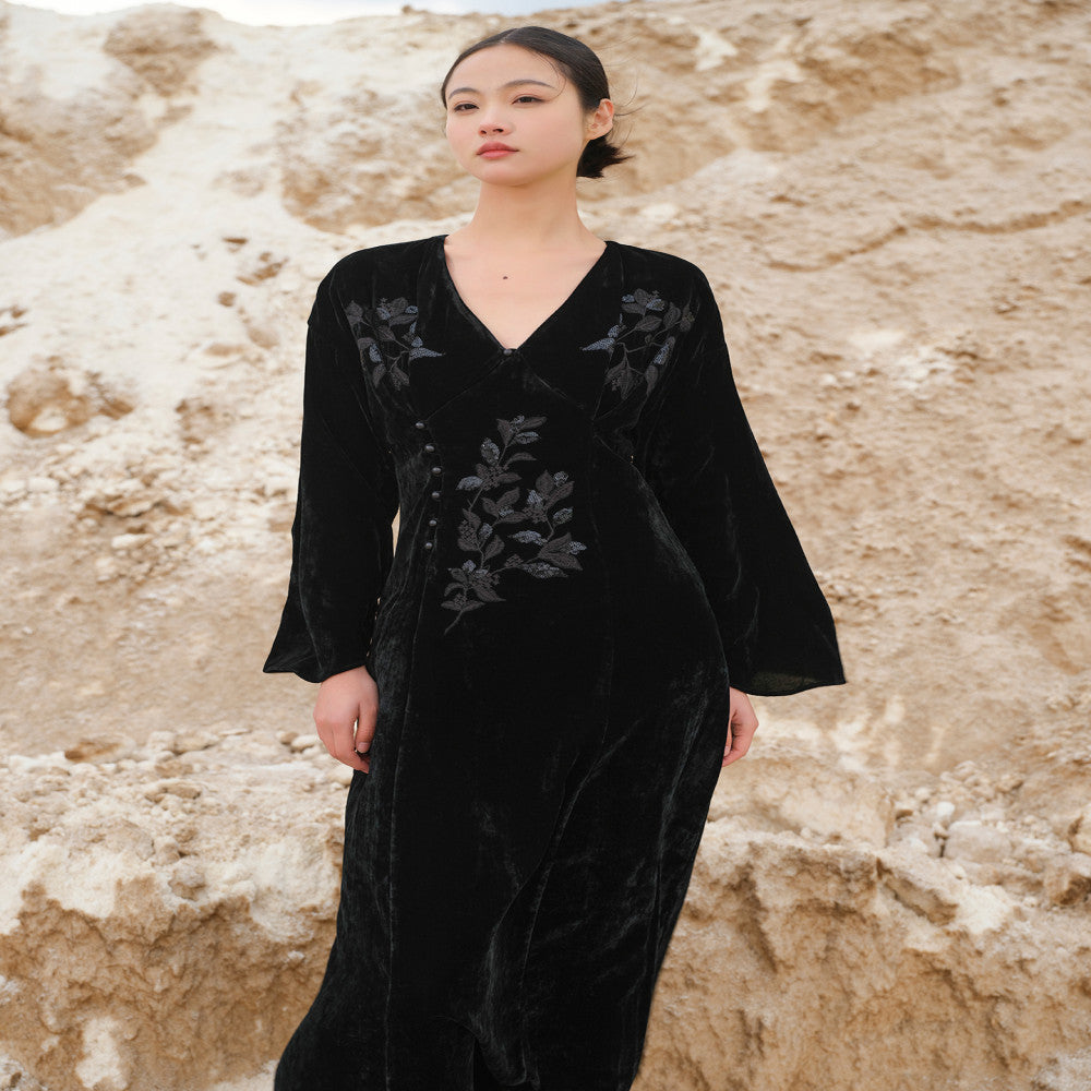 Designer hand painted osmanthus embroidery and sequins New Chinese style velvet dress image 24