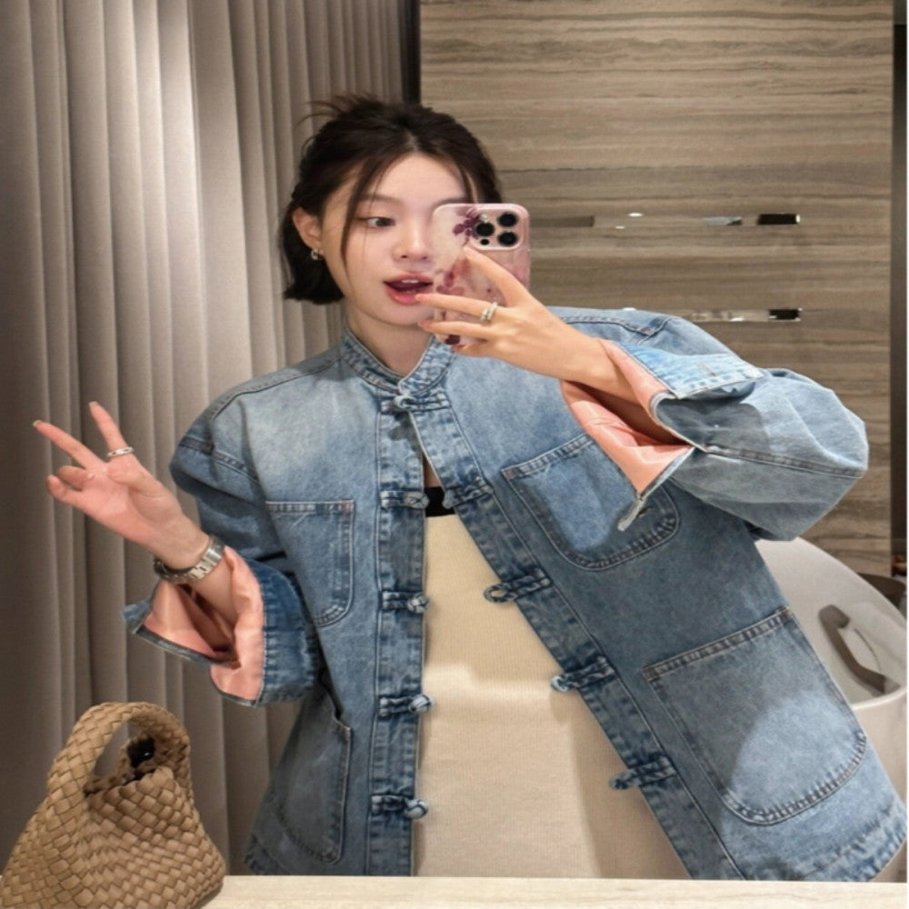 New Chinese style denim jacket women s early spring 2025 new design niche retro buttoned Chinese style shirt top image 0