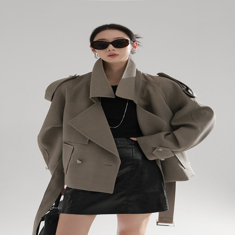 PIAOIN European and American metal rivet design high waist long windbreaker women s loose commuting autumn and winter windbreaker jacket new style image 7