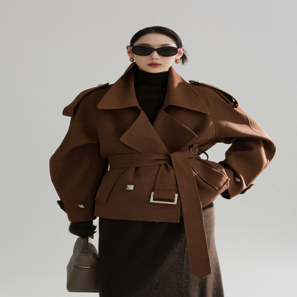 ASAYA3701 : Metal rivet design high waist long windbreaker women's loose jacket
