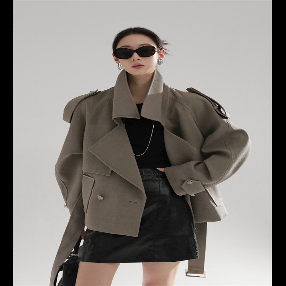ASAYA3701 : Metal rivet design high waist long windbreaker women's loose jacket