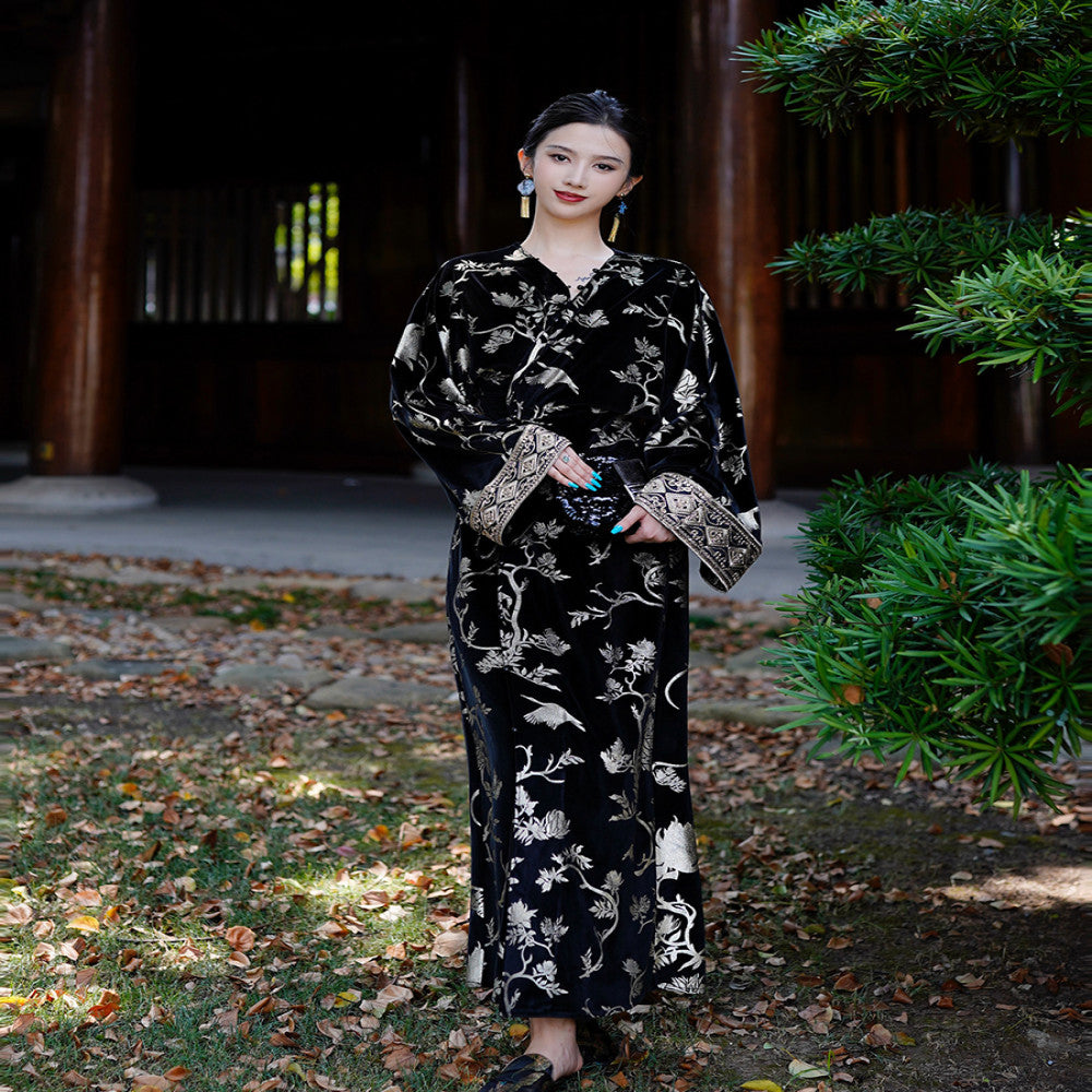 Chengyu Gaoding Obsidian Golden Hongxin Chinese Black Gold Tripod Gold Diamond Velvet Hot Stamping Two Wear Coat Dress image 11