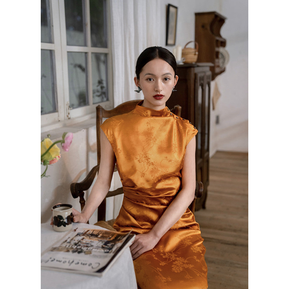 Ching s new Chinese style half high collar jacquard satin cheongsam slimming dress morning gown bride wedding toast dress image 12