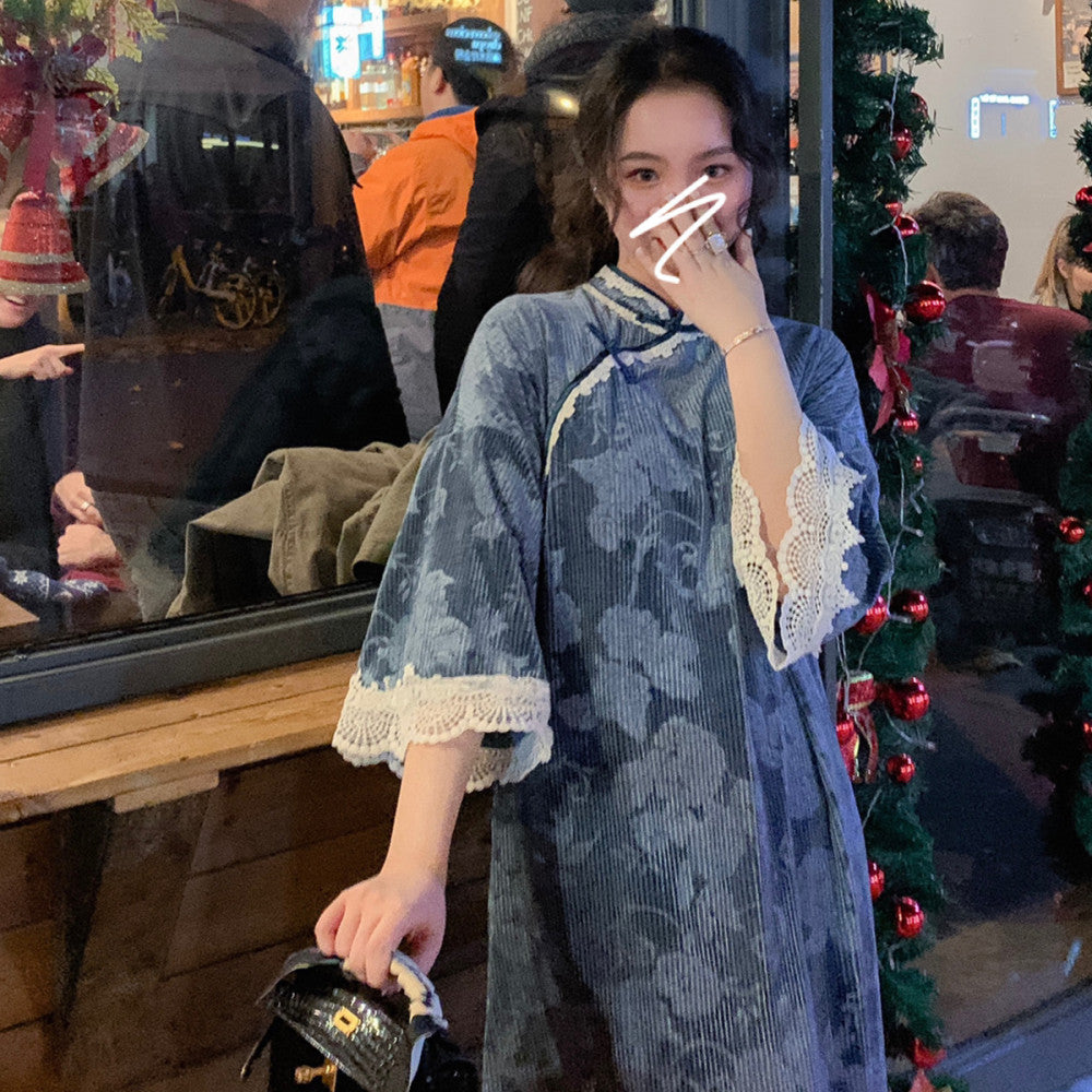 Lujin homemade French plane tree velvet autumn and winter new improved version cheongsam young girl dress image 9