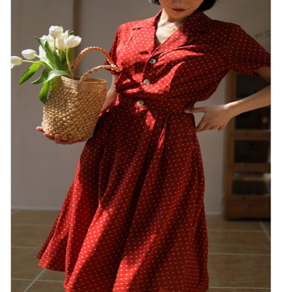 Blue wardrobe French Vintage polka dot suit collar Shell buckle waist Hong Kong style elegant large skirt dress image 1