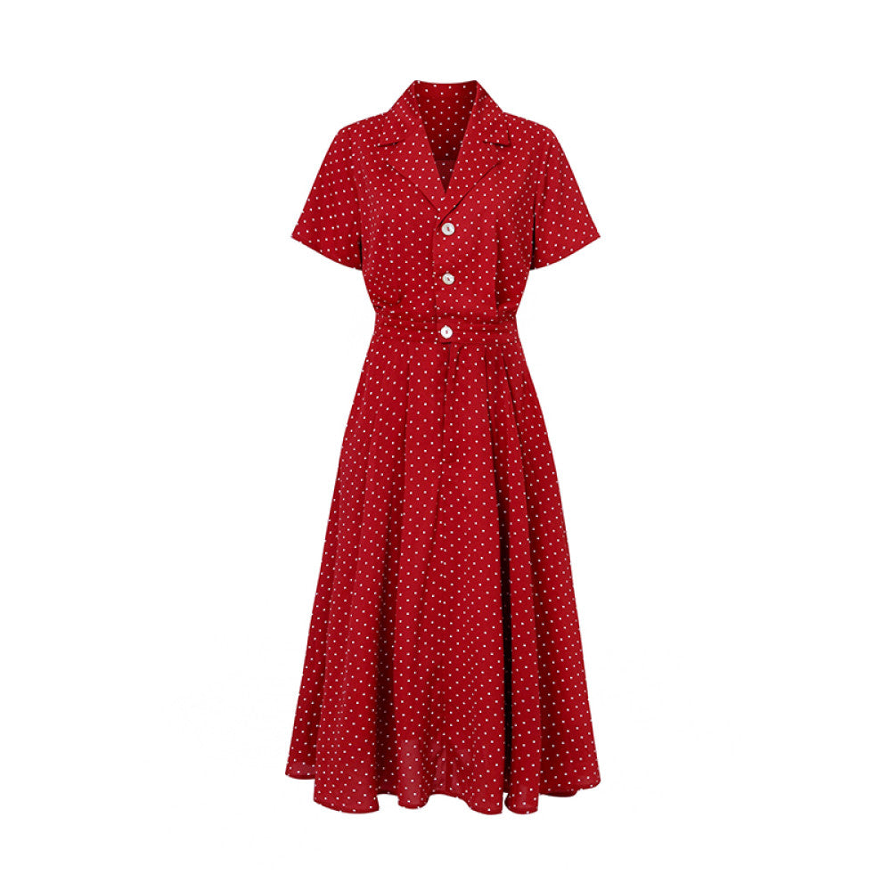 Blue wardrobe French Vintage polka dot suit collar Shell buckle waist Hong Kong style elegant large skirt dress image 6