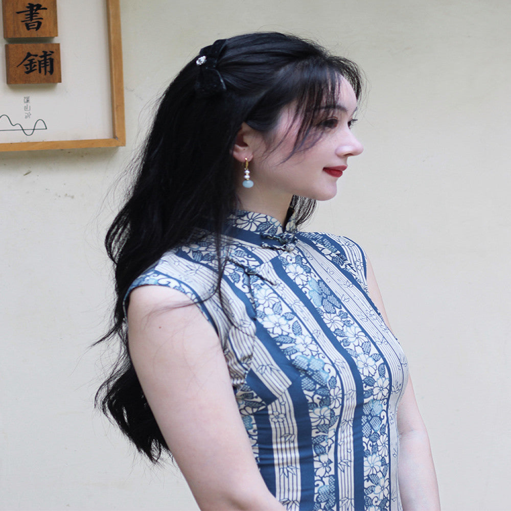 Daily wearable 2025 semi open collar mid length retro artistic silk replica printed cotton silk cheongsam skirt with floral pattern image 11