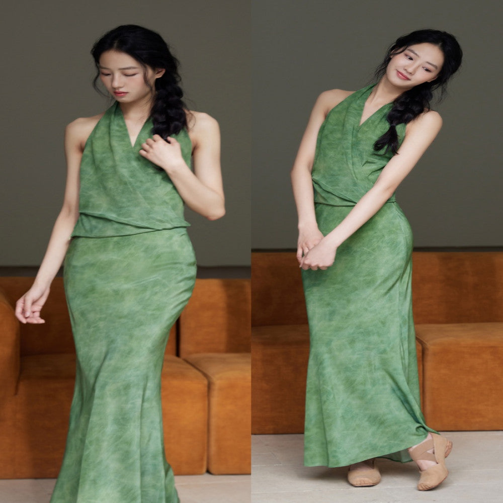 Customized silk double crepe 100 mulberry silk shawl top slanted fish tail half skirt hanging neck top image 1