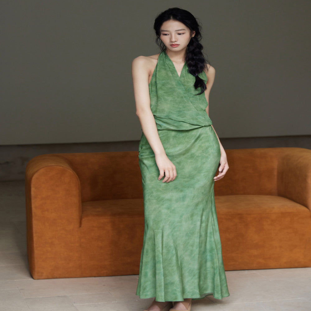 Customized silk double crepe 100 mulberry silk shawl top slanted fish tail half skirt hanging neck top image 35