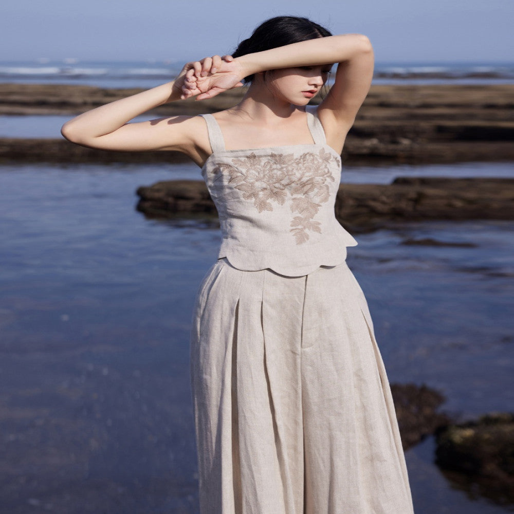Designer hand painted peony flowers Heavy yarn dyed linen Slim fit vest short sleeves wide leg pants image 0