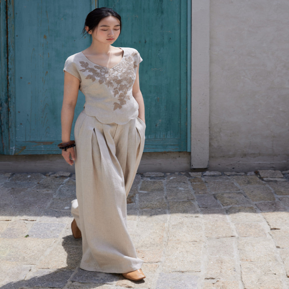 Designer hand painted peony flowers Heavy yarn dyed linen Slim fit vest short sleeves wide leg pants image 14