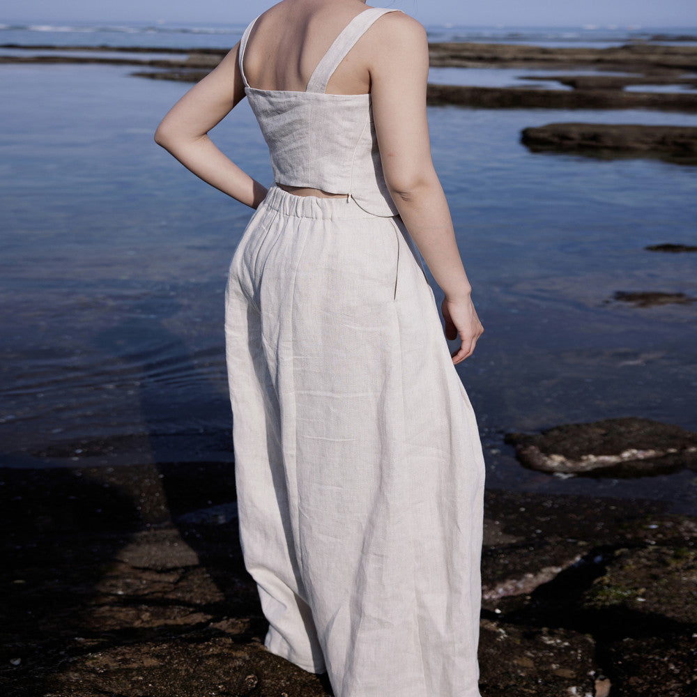 Designer hand painted peony flowers Heavy yarn dyed linen Slim fit vest short sleeves wide leg pants image 21