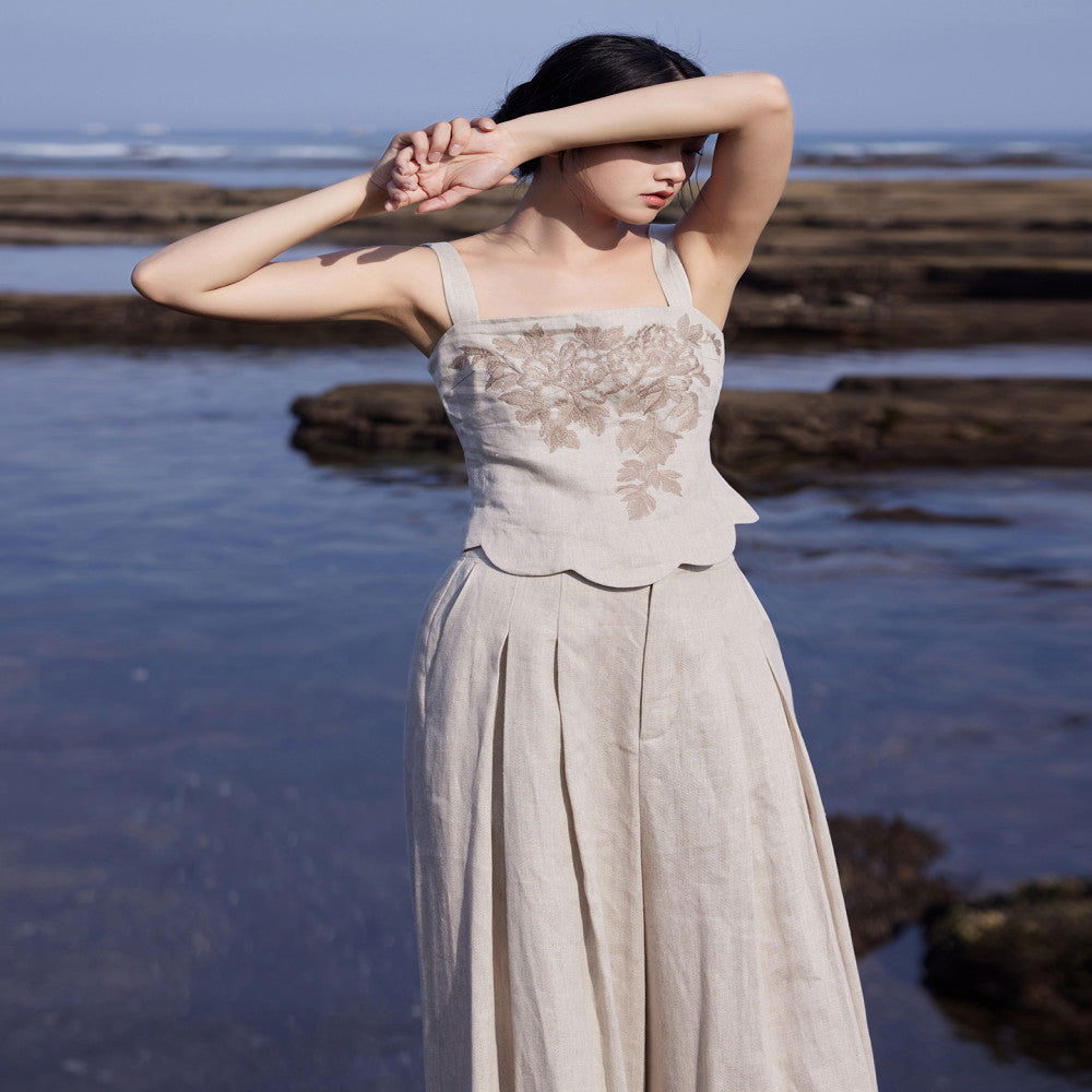 Designer hand painted peony flowers Heavy yarn dyed linen Slim fit vest short sleeves wide leg pants image 32