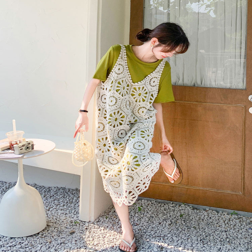 This year s popular layered dress suits for women summer 2024 new French T shirt dress knitted suspender skirt two piece suit image 0