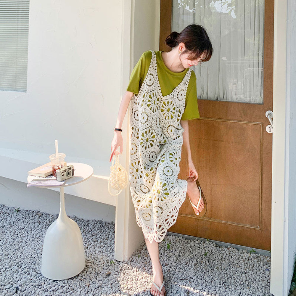 This year s popular layered dress suits for women summer 2024 new French T shirt dress knitted suspender skirt two piece suit image 6