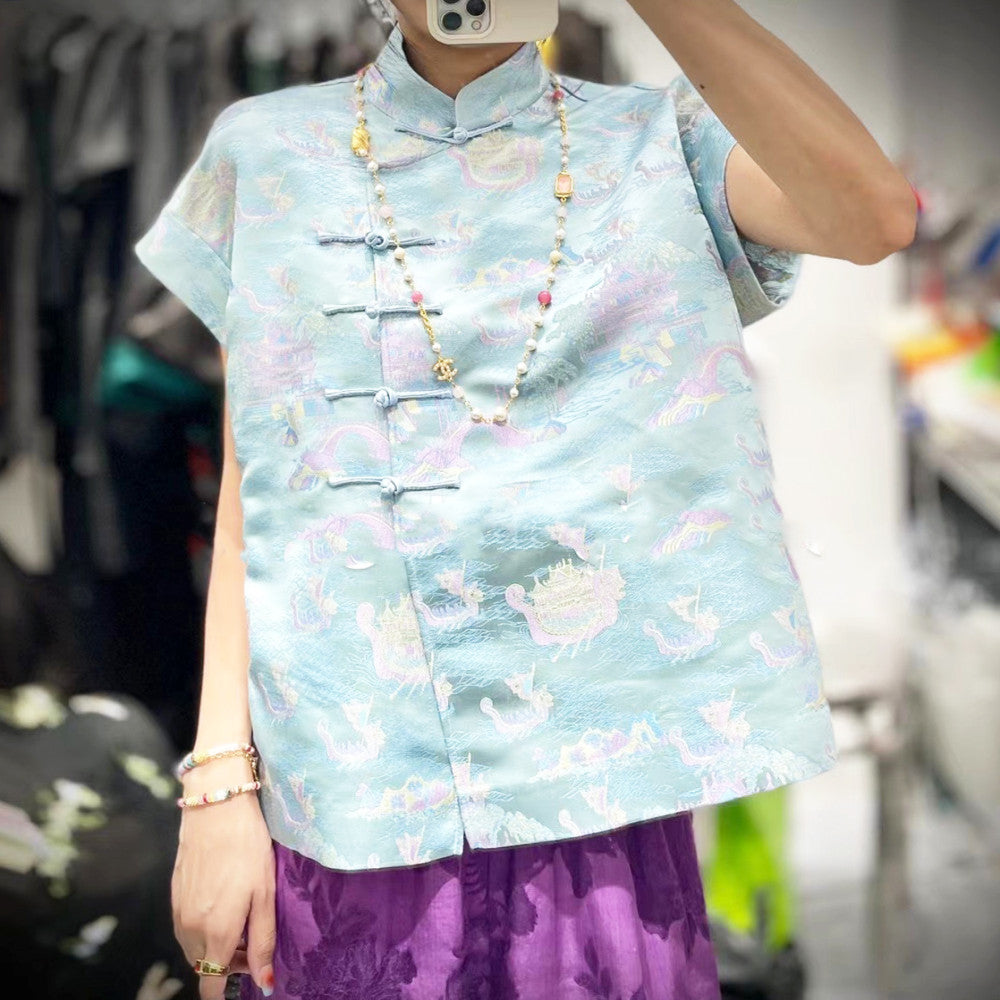 Town store treasure PYJ153 white rose red short sleeved shirt bottoming shirt Chinese style retro small shirt top spring and summer women image 6