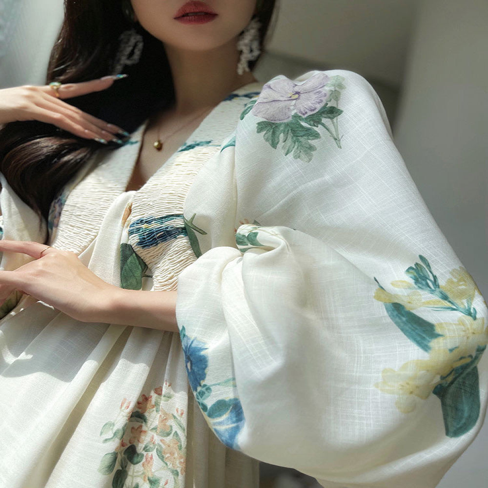 Aconiconi Tingting Qingyao French Retro Printed Holiday Dress Imitation Cotton and Linen Loose and Slimming Long Dress image 1
