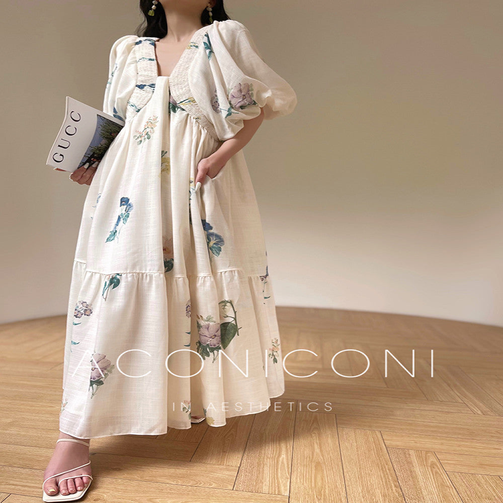 Aconiconi Tingting Qingyao French Retro Printed Holiday Dress Imitation Cotton and Linen Loose and Slimming Long Dress image 12