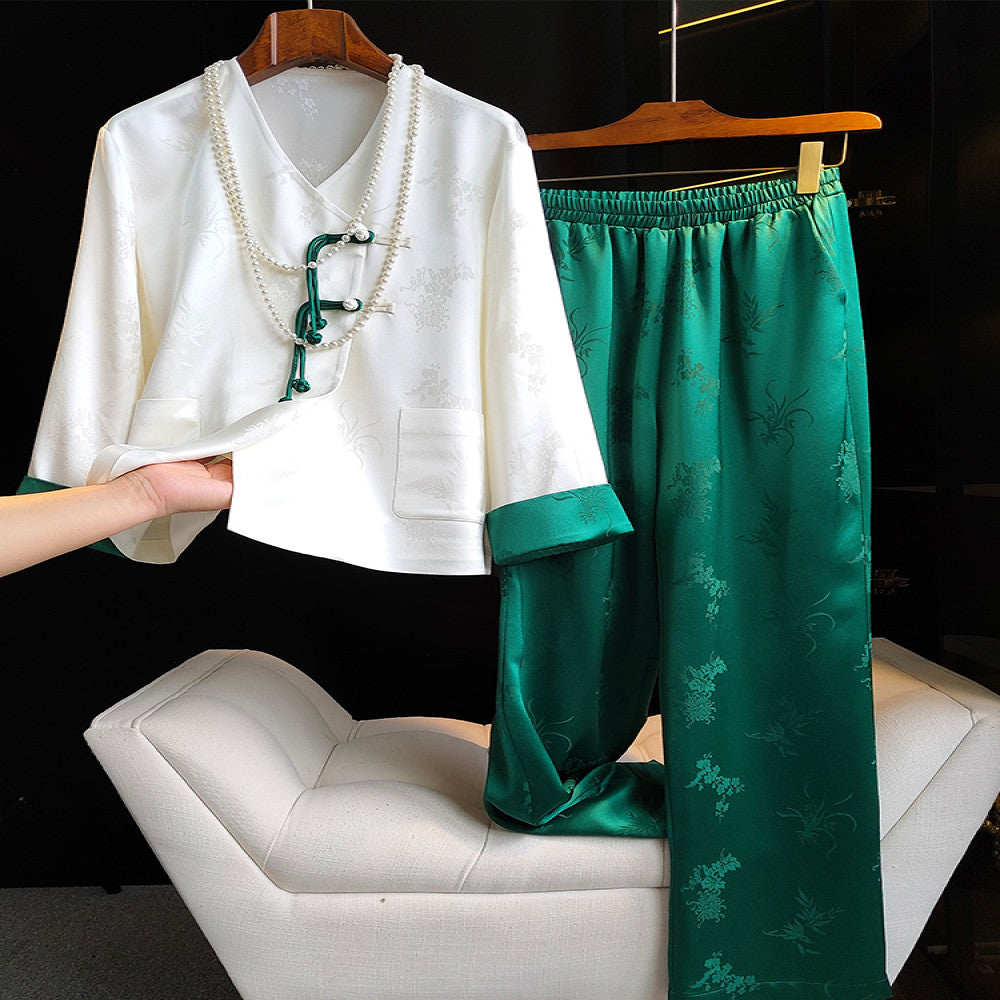 White high end Chinese style acetate shirt women s high waisted casual pants set niche light Chinese style explosive street fashion set image 1