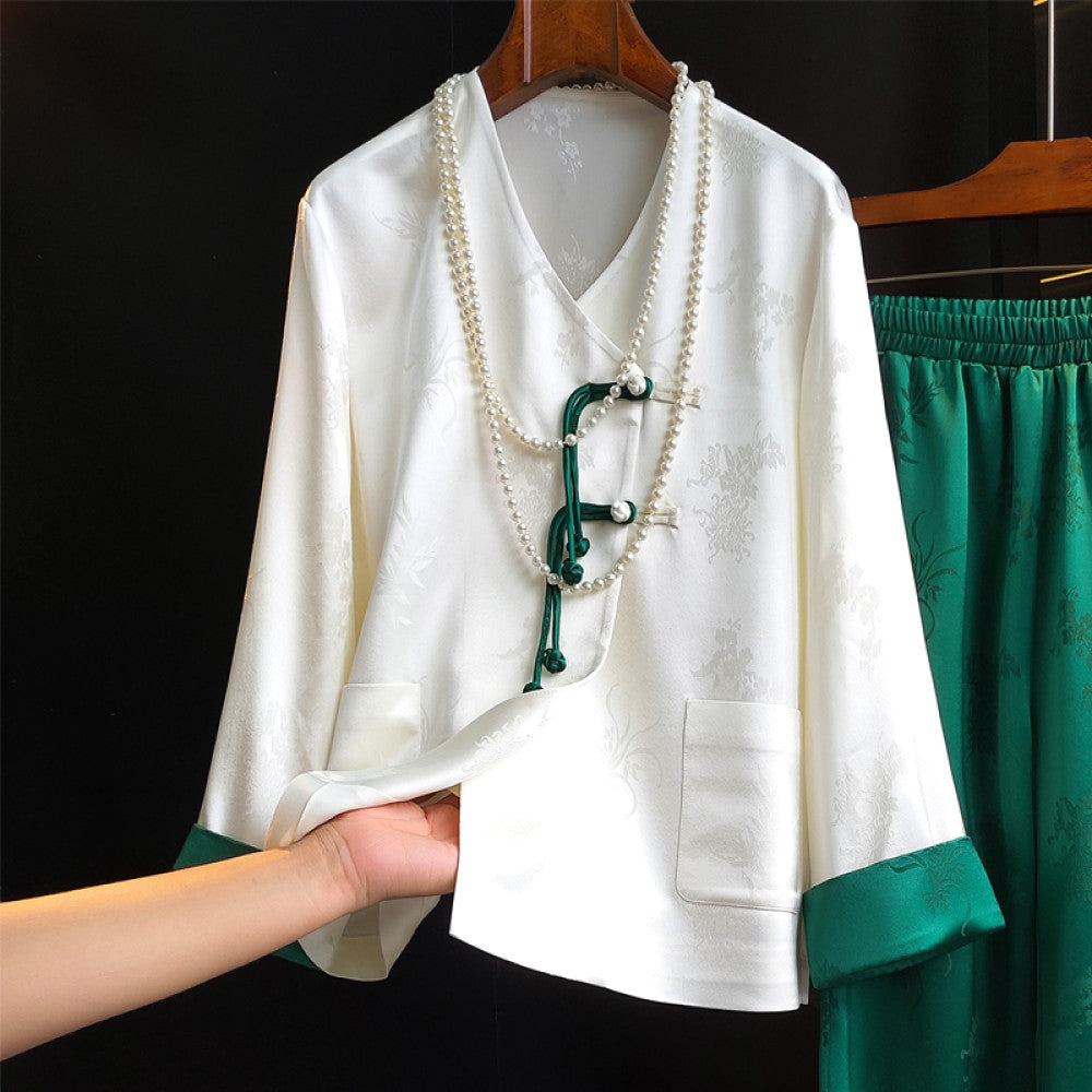 White high end Chinese style acetate shirt women s high waisted casual pants set niche light Chinese style explosive street fashion set image 12