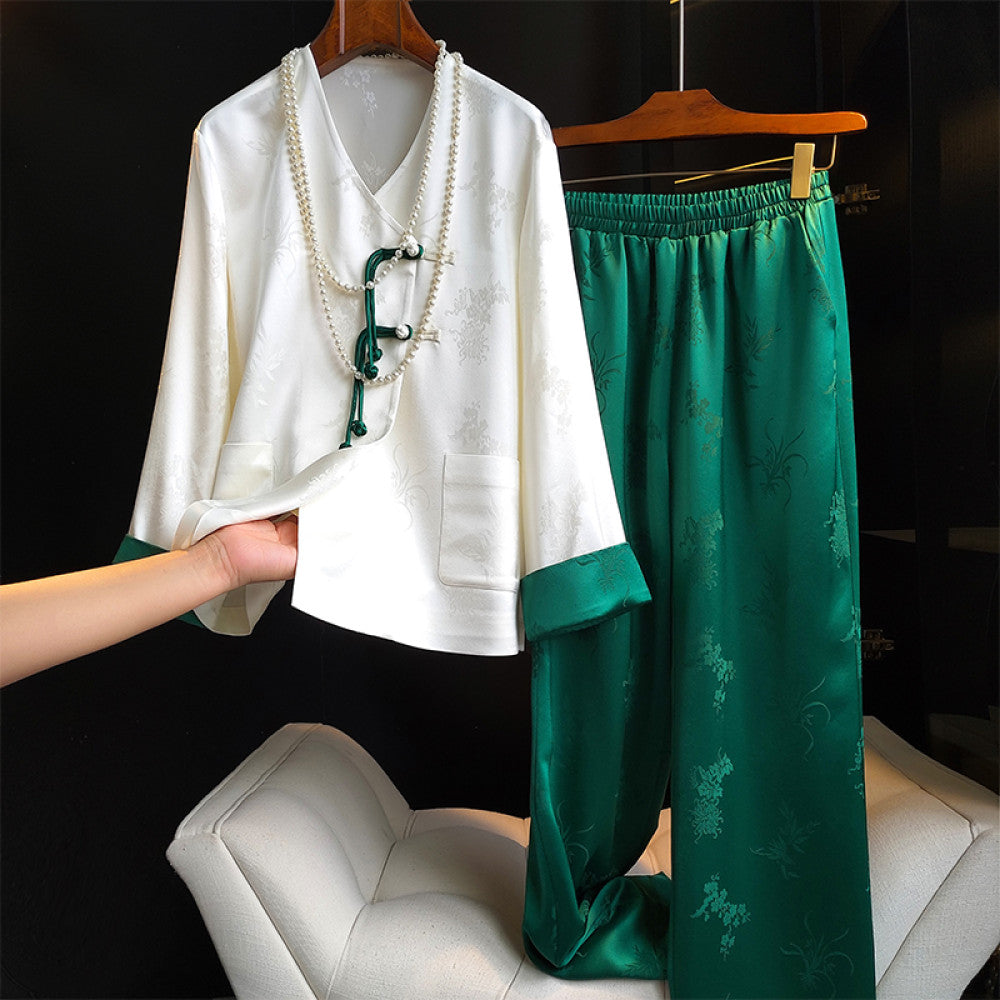 White high end Chinese style acetate shirt women s high waisted casual pants set niche light Chinese style explosive street fashion set image 29