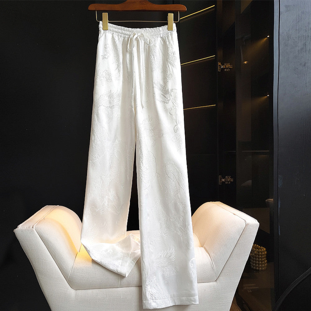Retro dragon pattern embroidered narrow version wide leg pants for women in winter new Chinese style elastic high waist slimming straight leg casual pants for autumn image 42
