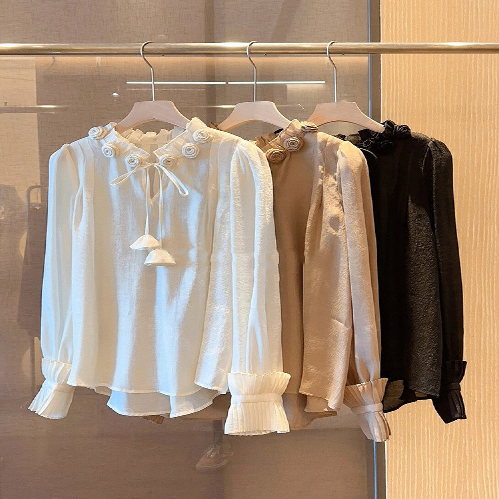 French gentle sweet and fashionable 2025 early spring new item niche design flower long sleeved stand up collar bubble sleeve shirt for women image 0